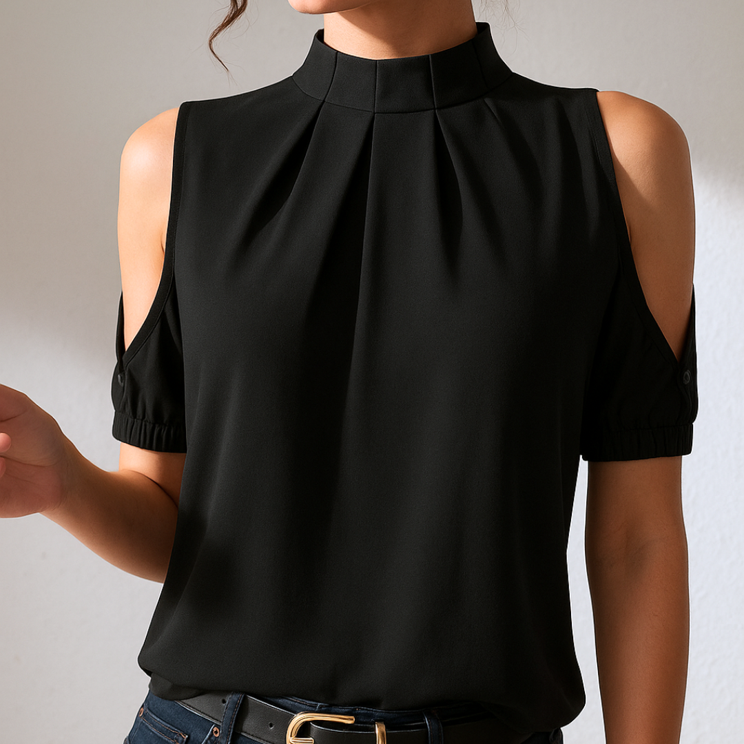 Inge | Blouse Plissée Noire avec Manches Fendues