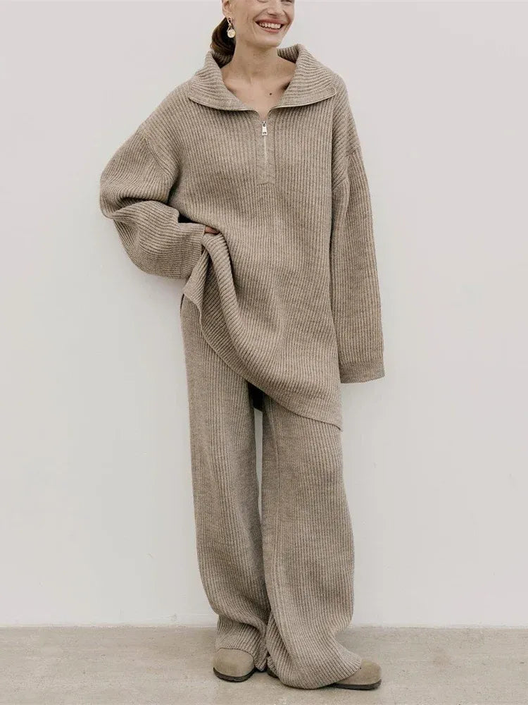 Solid Color Half Zip Sweater Matching Set