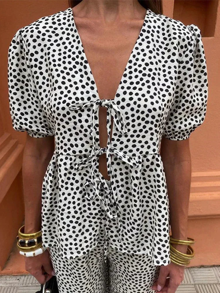 Loungewear Club™ | Ensemble à manches bouffantes et détail à nouer