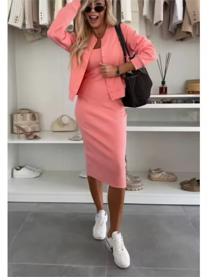 Loungewear Club™ | Robe midi en maille côtelée & ensemble de bomber