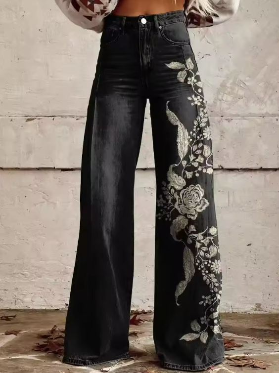 ECSLISSI | Pantalon Chic Vintage Noir à Fleurs