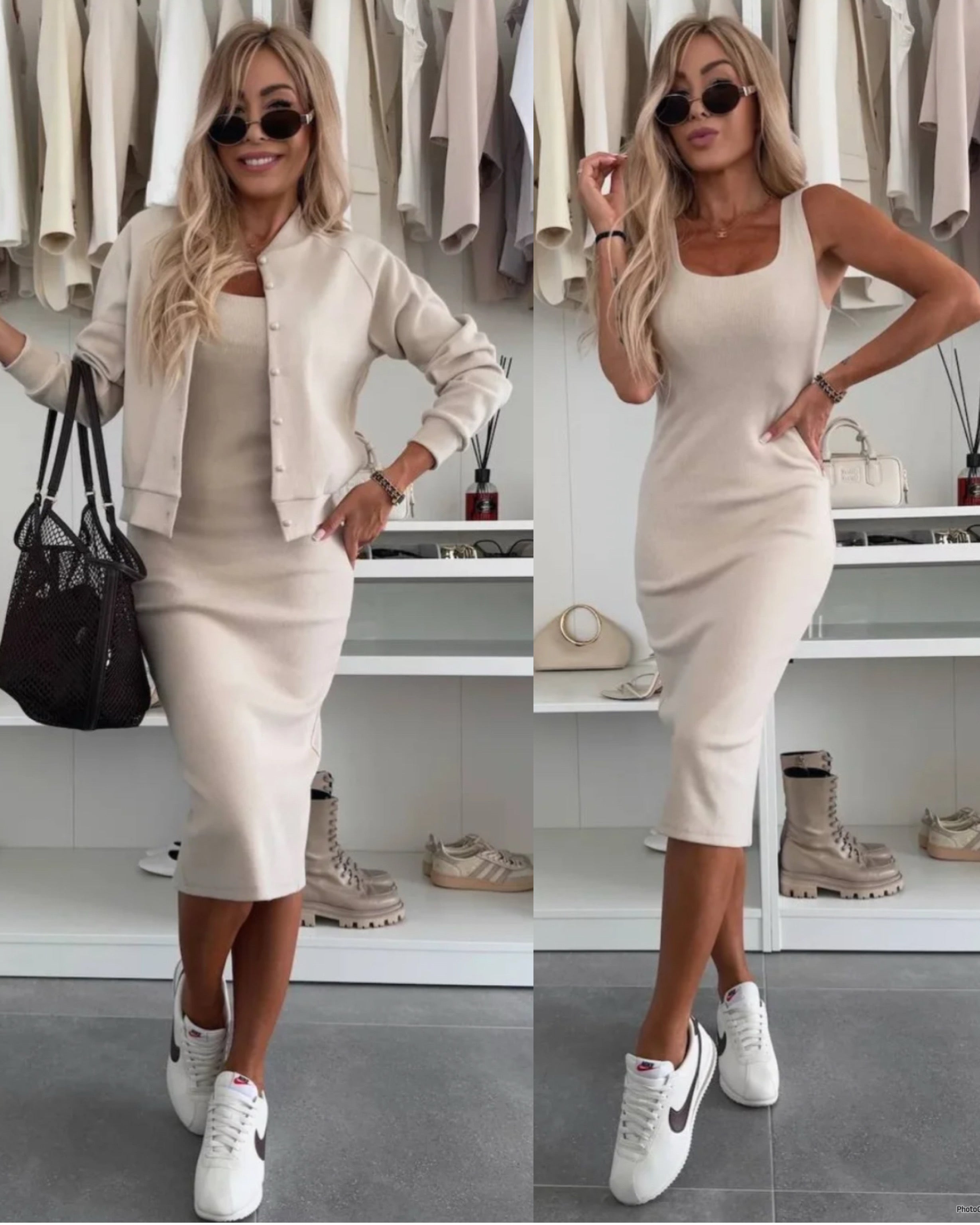 Loungewear Club™ | Robe midi en maille côtelée & ensemble de bomber